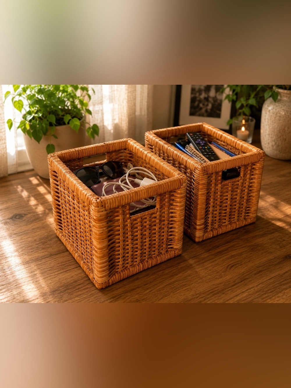 Vintage Woven Rattan Storage Baskets Set of 2 • Shelf Cubes Organizer Bins
